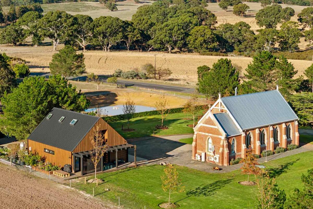 Aerial view over Dallah Chapel - a 2-acre property for weddings and events near Ballarat