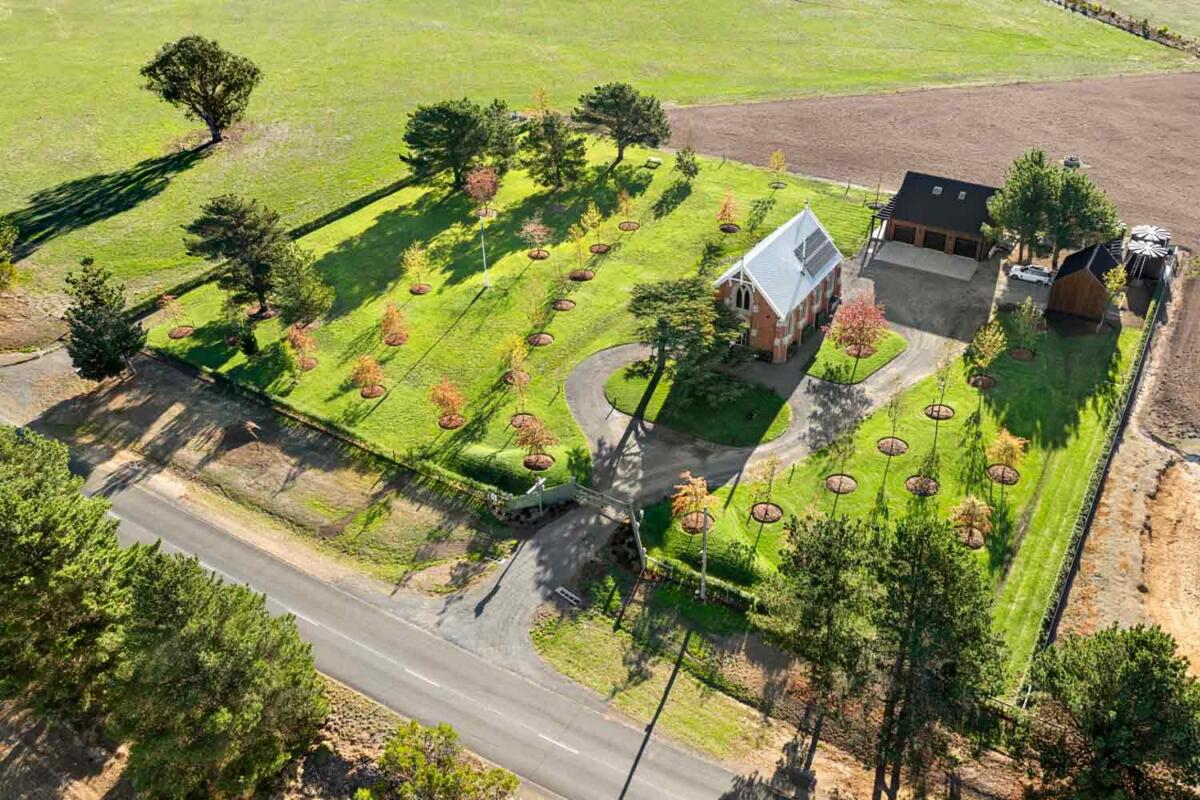 Aerial view over Dallah Chapel - a 2-acre property for weddings and events near Ballarat