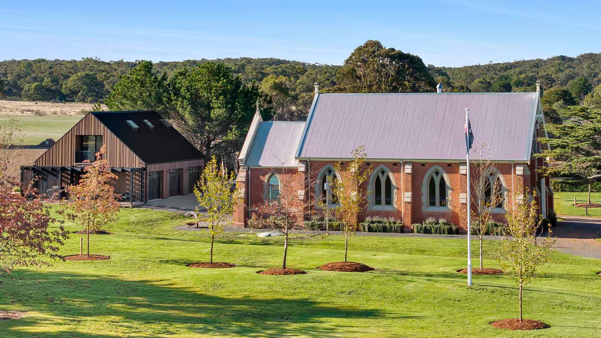 Aerial view over Dallah Chapel - a 2-acre property for weddings, events and accommodation near Ballarat